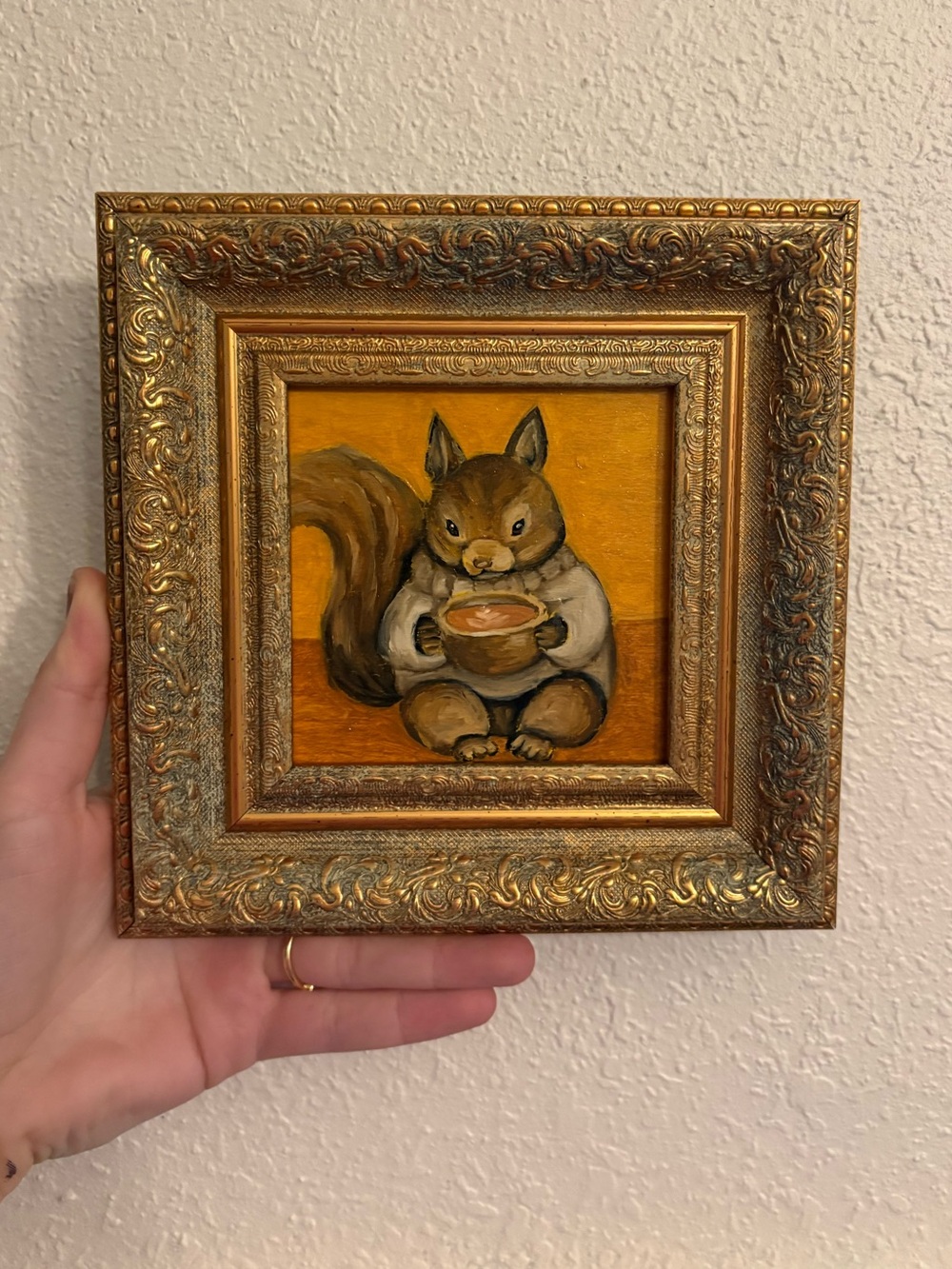 "Chubby cozy squirrel” Original oil painting on wood board mini framed 4x4"